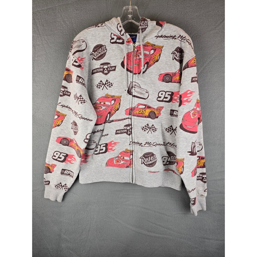 Pixar Hoodie Mens Medium Gray Lightning McQueen All Over Print Cars Zip Up Racer